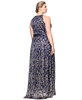 Betsy & Adam Plus Metallic Floral Print Sleeveless Gown