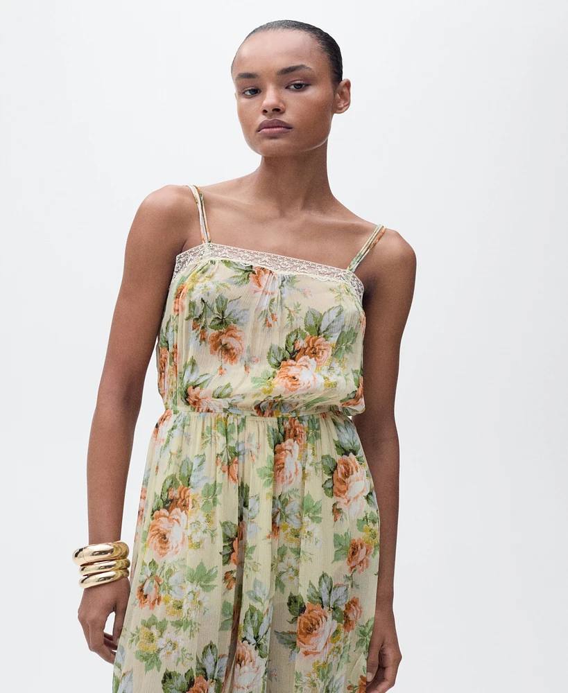 Mango Women's Puffed Hem Long Floral Jumpsuit