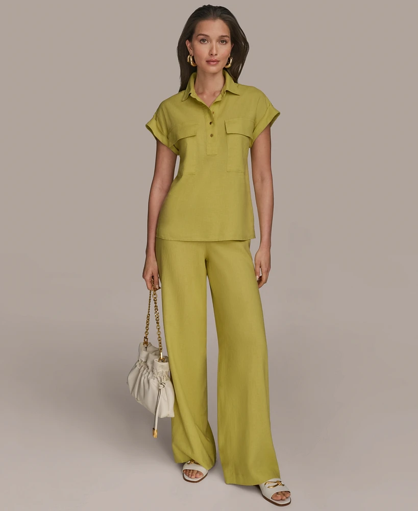 Donna Karan New York Women's Short Sleeve Linen-Blend Collared Shirt