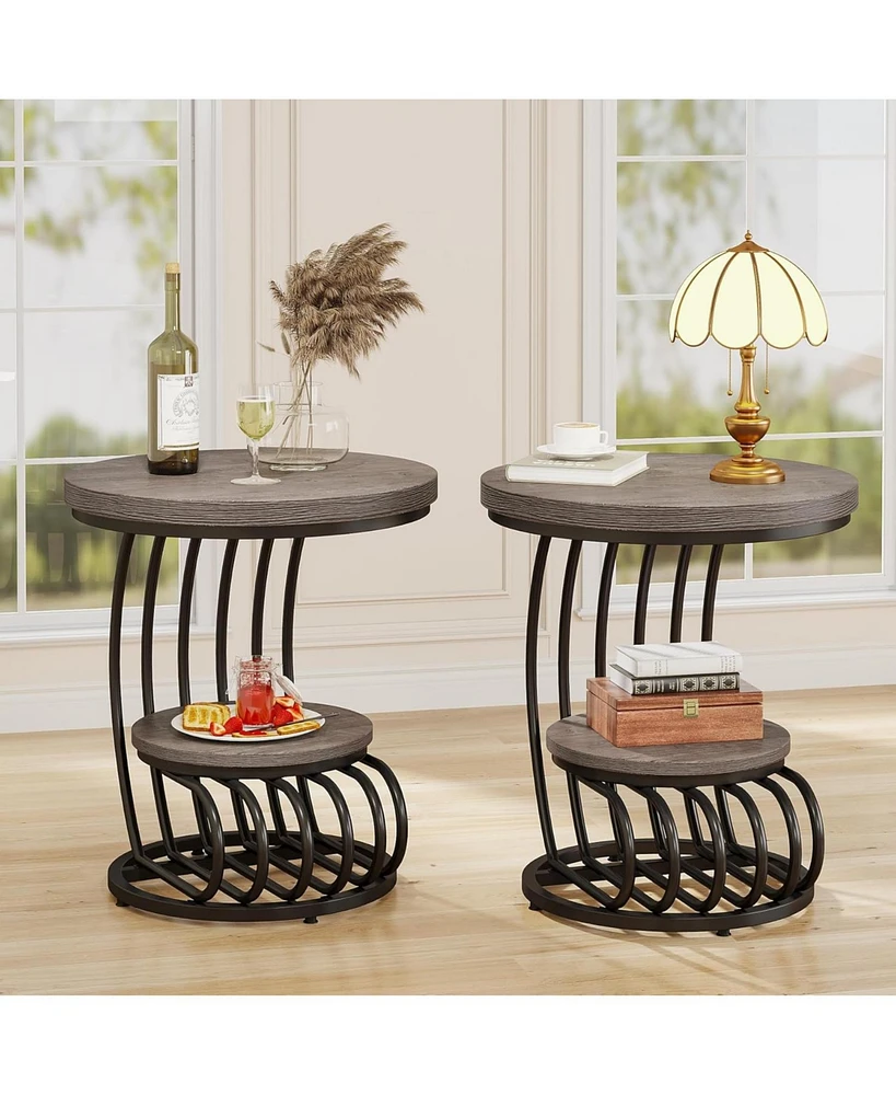 Tribesigns Round End Side Table Set of 2, 2 Tiers Table, Vintage for Living Room