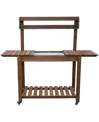 Wooden Wheeled Garden Potting Bench with Dry Sink, Storage Shelves, and Tool Hooks - Brown
