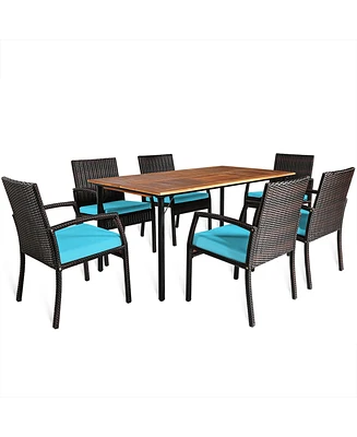 Gymax 7PCS Patio Dining Furniture Set Yard w/ Wooden Tabletop Turquoise Cushions