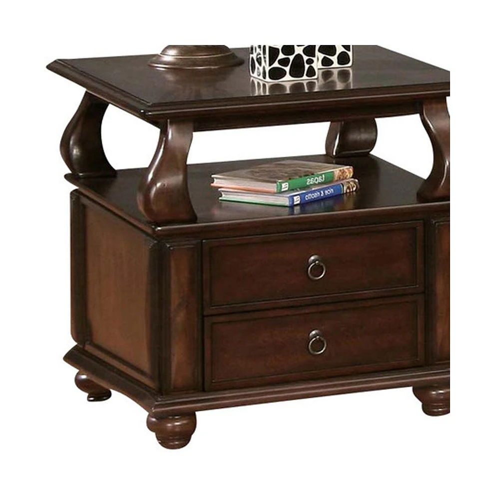 Sturdy Solid Wood Square End Table with Two Drawers and Open Shelf