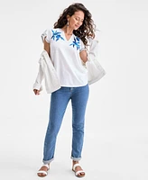 Style & Co Petite Embroidered Cotton Flutter-Sleeve Top, Exclusively at Macy's