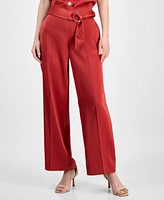 Anne Klein Women's Pull On High Rise Belted Wide Leg Satin Pants