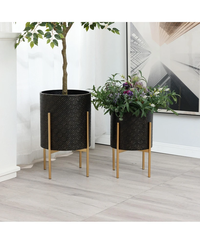 LuxenHome Set of 2 Black Floral Stamped Metal Cachepot Planters
