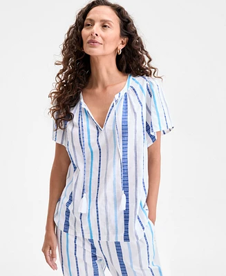 Style & Co Women's Cotton Stripe Split-Neck Flutter-Sleeve Top, Exclusively at Macy's