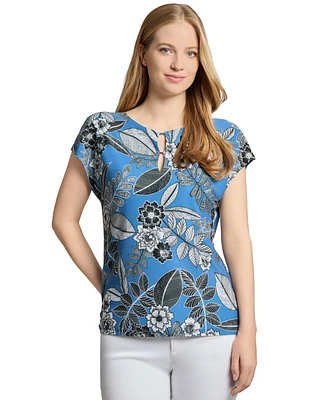 Jones New York Women's Printed Keyhole Extended-Shoulder Top