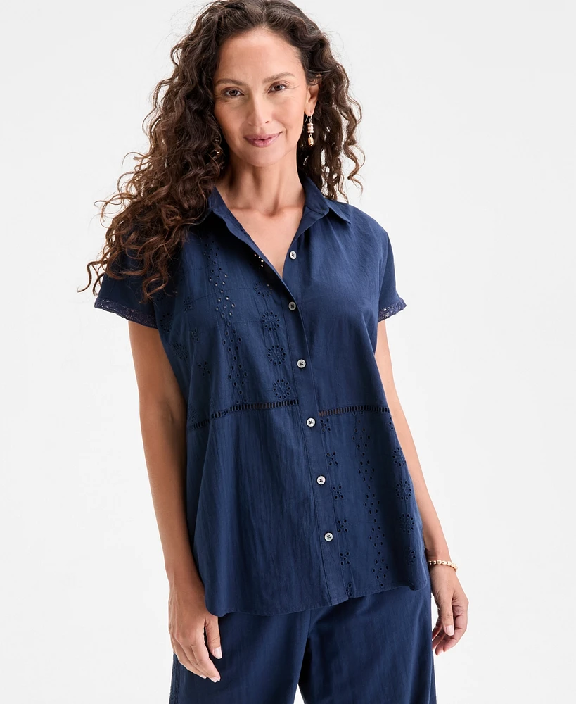 Style & Co Petite Eyelet-Detail Cotton Camp Shirt, Exclusively at Macy's