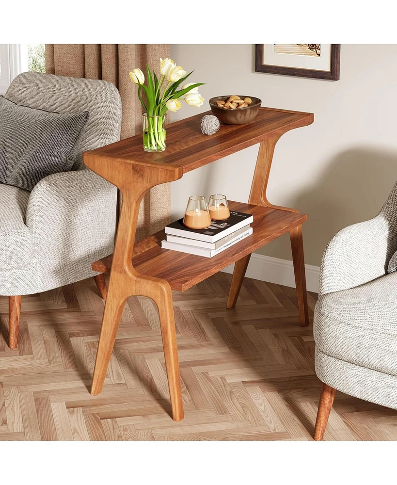 Tribesigns Narrow End Table for Living Room, 2-Tier Slim Sofa Side Table with Solid Wood Legs, Bedside Table, Nightstand for Bedroom