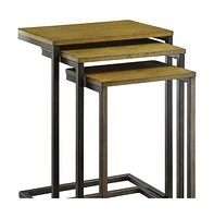 Set of Three Nested End Tables Solid Wood Tops with Steel Frames For Home Style