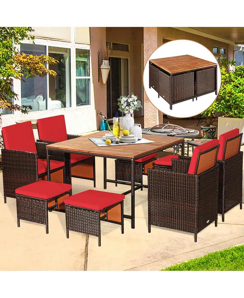 Gymax 9PCS Rattan Wicker Dining Set Patio Outdoor Furniture Set w/ Cushion