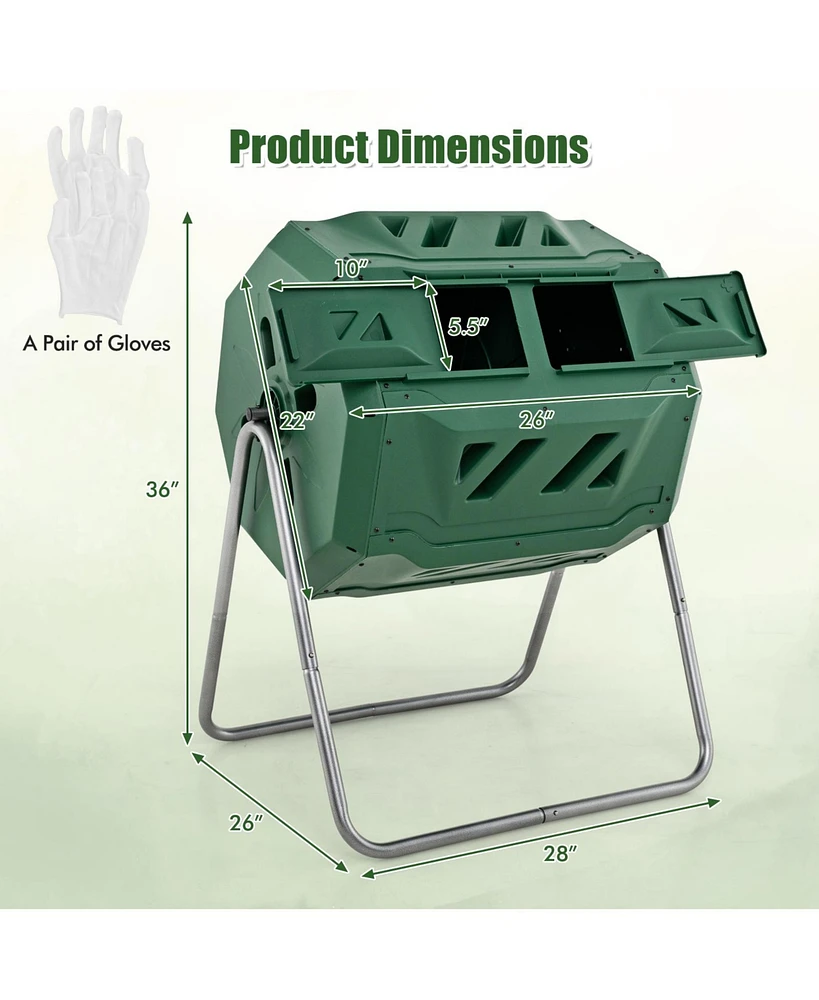 43 Gallon Rotating Compost Bin Barrel with Dual Chamber and Sliding Doors-Green