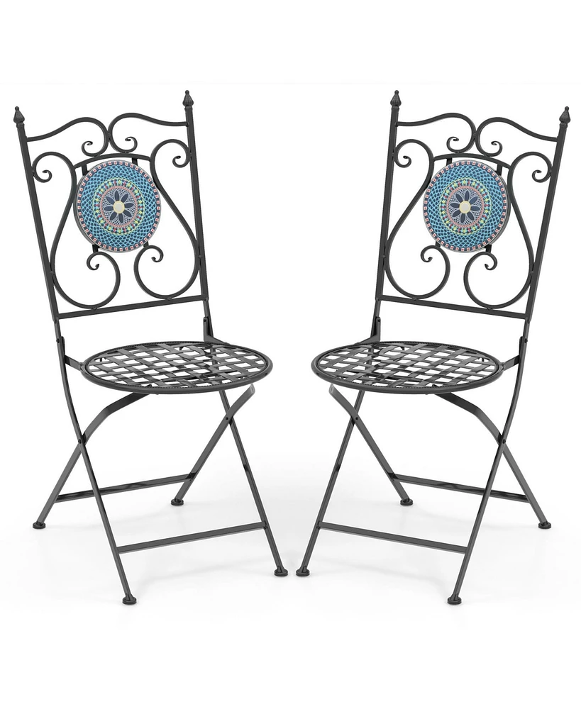 Set of 2 Mosaic Chairs for Patio Metal Folding Chairs-Multicolor