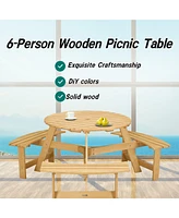 Outdoor 6 Person Picnic Table, 6 person Round Picnic Table with 3 Built-in Benches, Umbrella Hole