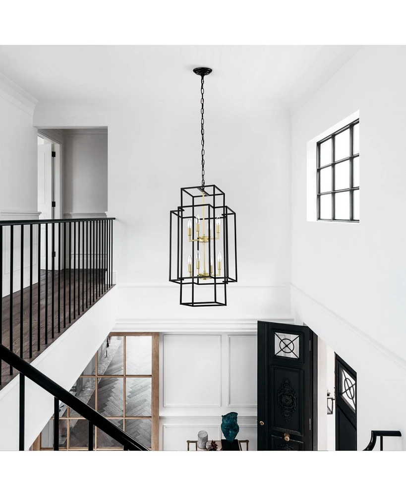 8-Light Pendant Chandelier, Matte Black & Gold, Adjustable Height, Industrial Farmhouse, (Bulbs Not Included)