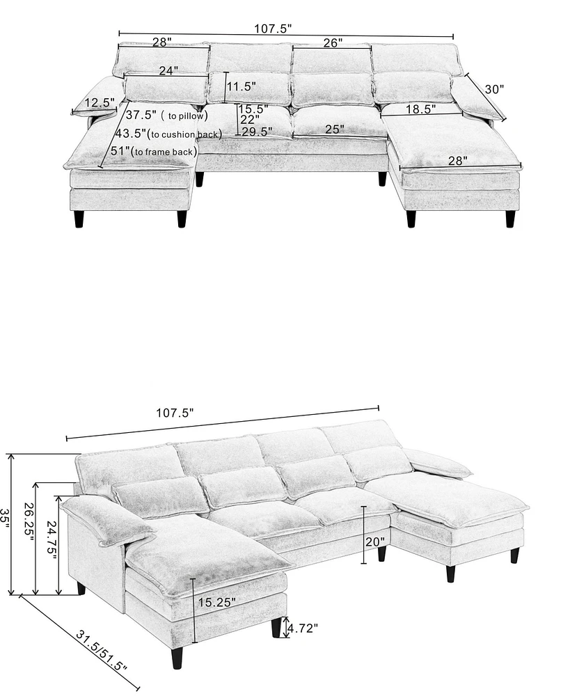 U Shaped Modular Sectional Sofa Couch, corner sofa with 4pcs waist pillows, Chaise Lounge, terrycloth fabric sofa,Upholstered 4 Seater Couch for Livin