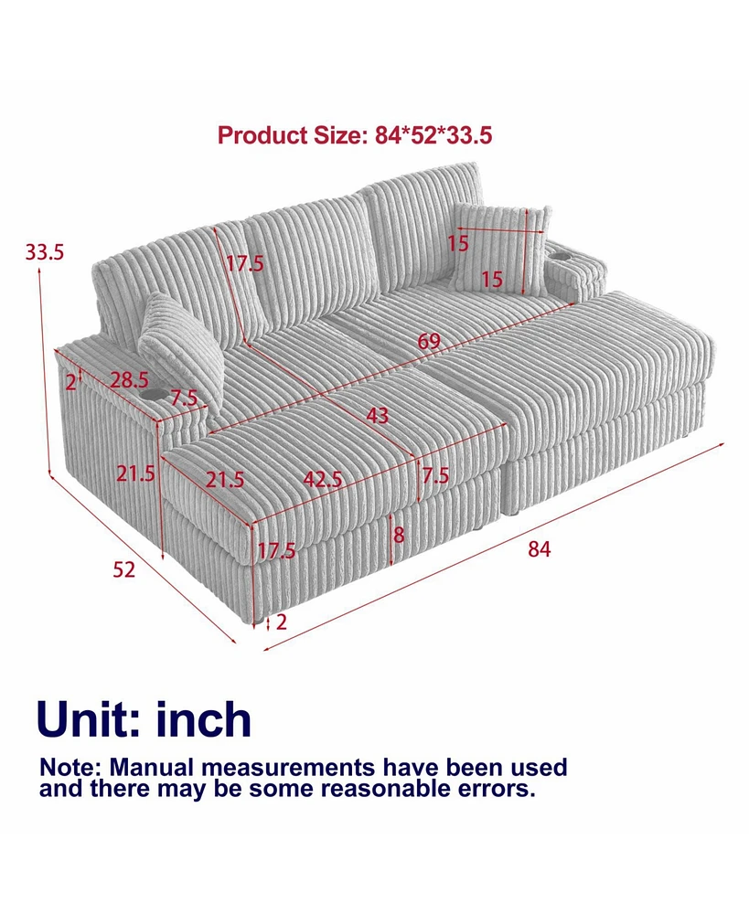 Cozy 84" Corduroy Sofa with Storage, Ottomans, and Pillows