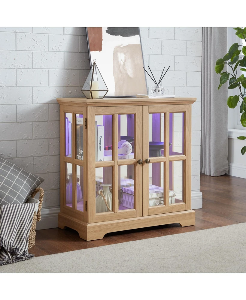 Antique Led Curio Display Cabinet, Adjustable Shelves, Lattice Doors, Oak Showcase
