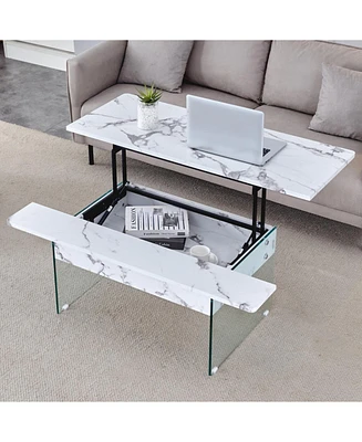 Multifunctional Lift Top Coffee Table with Modern Marble Pattern and Tempered Glass Legs
