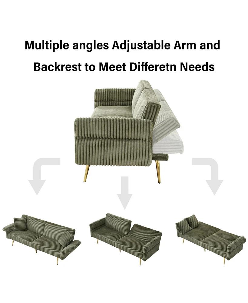 79 inch corduroy sofa bed, foldable double sofa bed with folding armrests, suitable for living rooms and small spaces