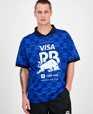 Hugo by Boss Men's Fanwear Oversized Short Sleeve Open-Collar Check Logo Graphic Polo Shirt