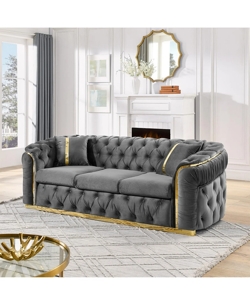 90" Velvet Button Tufted Chesterfield Sofa - Gray