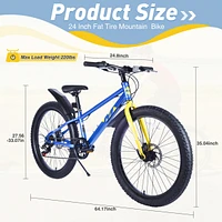 24 Inch Bicycles, Fat Tire Mountain Bike for Boys and Girls Age 10 + Years, Dual-Disc Brake,Shimano 7-Speed, Kids Beach and Snow Bicycle