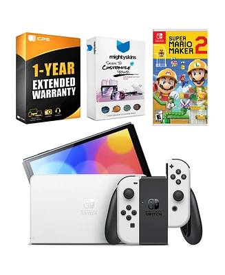 Nintendo Switch White Oled Console with Mario Maker 2, MightySkins Console and Controller Skin Voucher