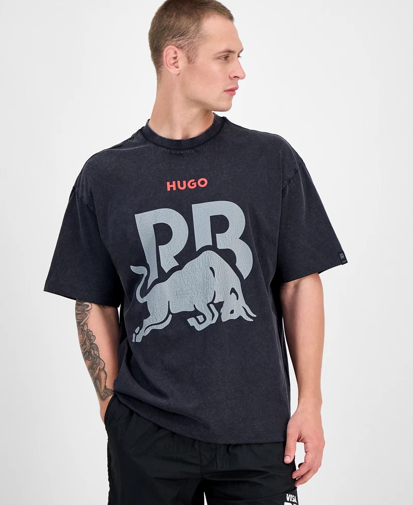 Hugo by Boss Men's Washed Fanwear Oversized Short Sleeve Crewneck Bull Graphic T-Shirt