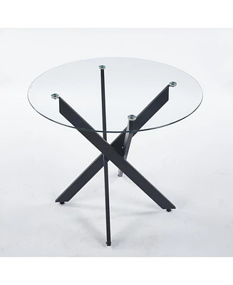 Black Dining Table with cross metal leg and tempered glass,Modern Space Saving Kitchen Table for Living Room