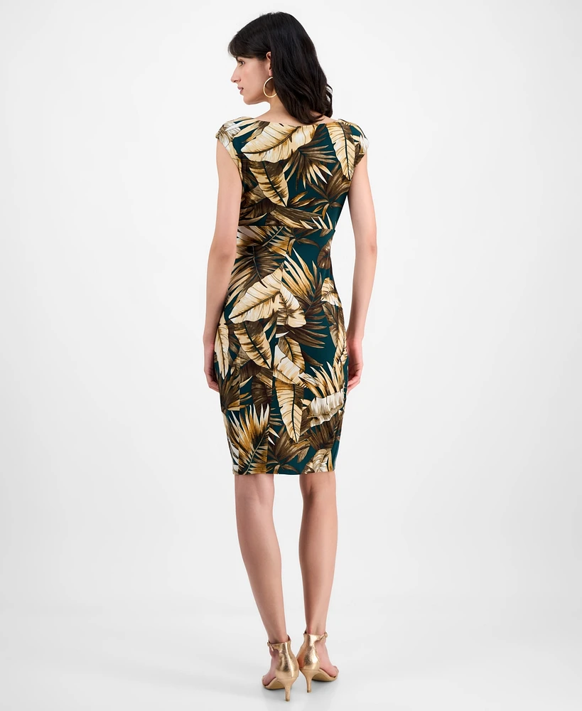 Connected Women's Printed Cap-Sleeve Faux-Wrap Sheath Dress