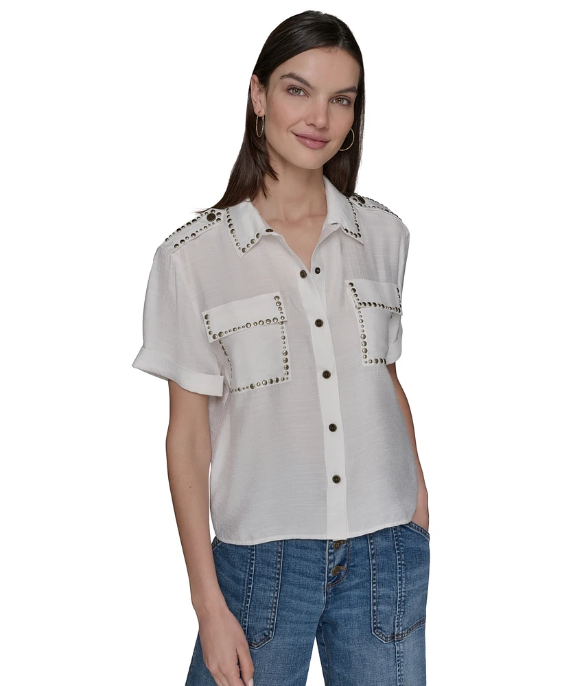 Karl Lagerfeld Paris Women's Studded Short-Sleeve Shirt