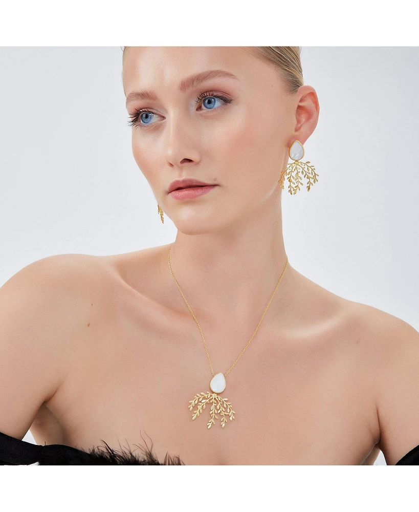 Spero London Mother Of Pearl Olive Branch Sterling Silver Necklace