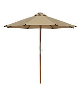 LAGarden Boho 32 Led 9Ft Wood Market Patio Umbrella with Solar Lights for Bar Hotel Resort Alfresco Dining Rooftop Restauran Mocha