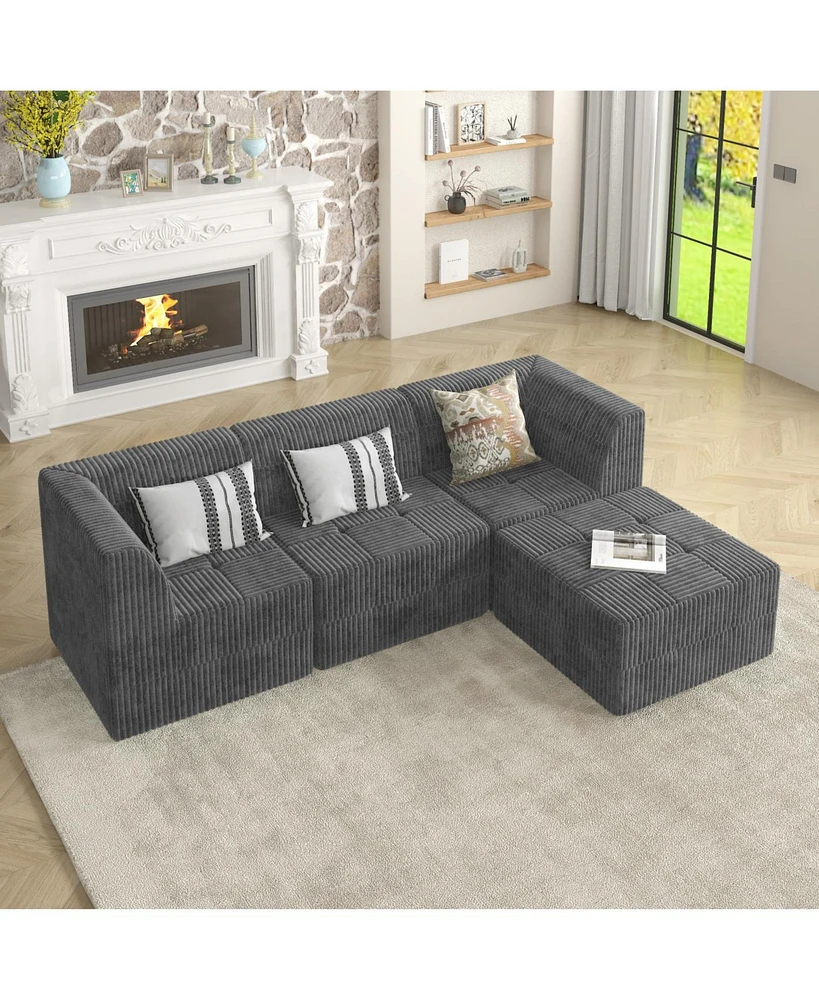 L-Shape Modular Sofa: Minimalist Corduroy Couch with Sleeper for Compact Living