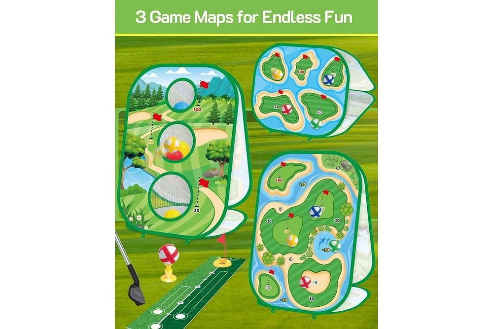 Titqwop 4-in-1 Sticky Golf Games Set for Kids & Adults – Golf Putting Mat, Chipping Net, Cornhole Board & Retractable Club | Indoor/Outdoor Pra