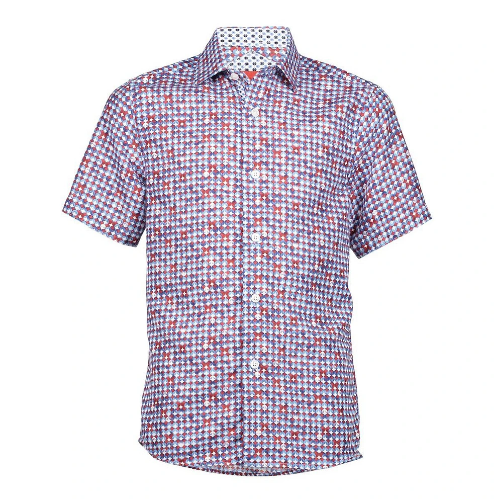 Elie Balleh Big Boys Blue Short Sleeve Circle Diamond Multicolor Slim Fit Shirt