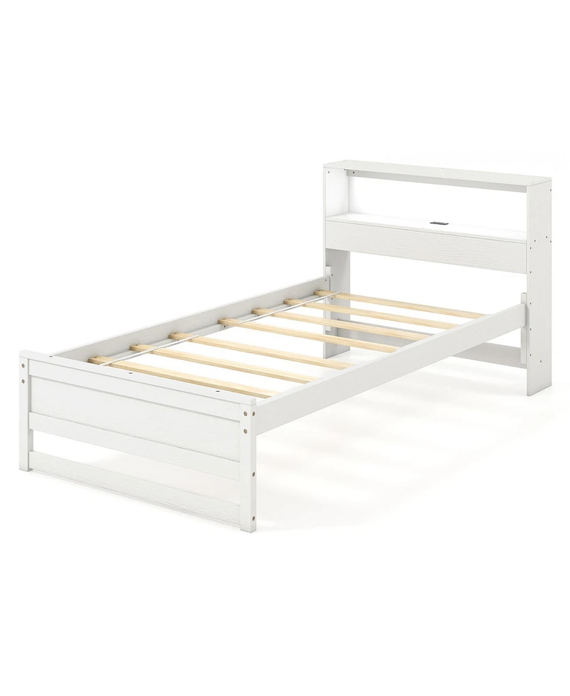 Gymax Twin Wooden Bed Frame w/ Charging Station & Led Light Storage Headboard