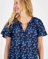Style & Co Petite Printed Split-Neck Flutter-Sleeve Top, Exclusively at Macy's