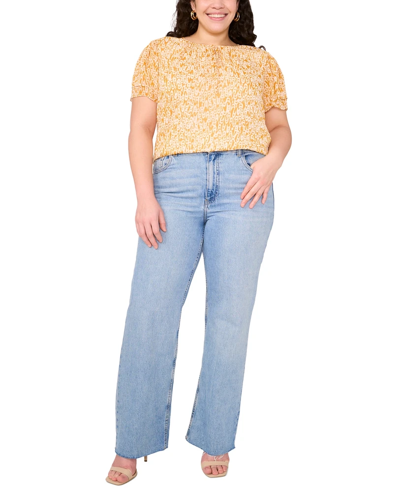 Vince Camuto Plus Printed Split-Neck Flutter-Sleeve Blouse