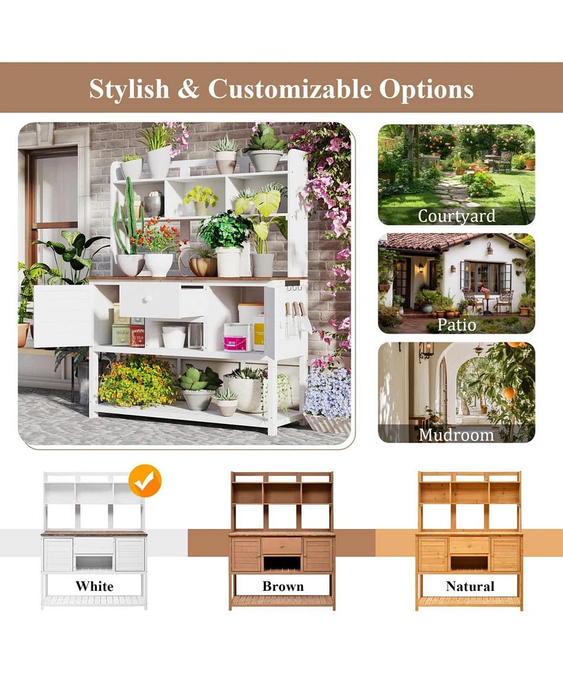 Fir Wood Potting Bench with Hutch & Shelves