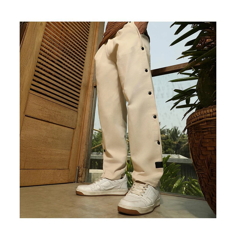 Campus Sutra Men's Off-White Side-Snap Straight Trousers