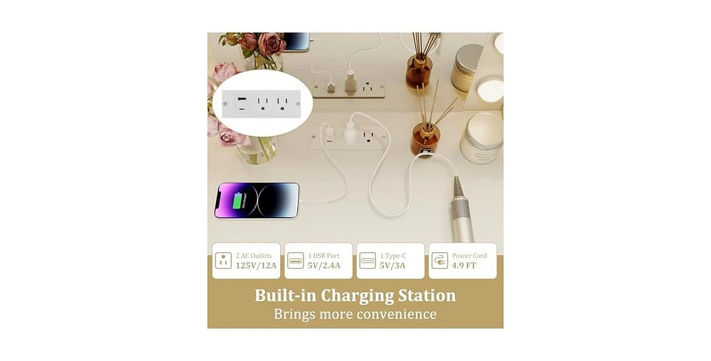 Compact Vanity Desk Set with 3-Color Lighted Mirror and Power Outlets