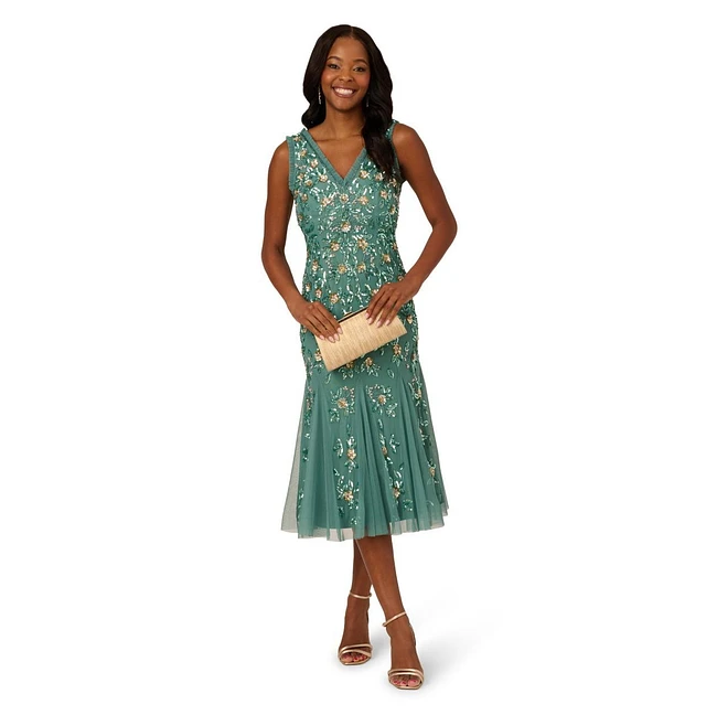 adrianna papell bead long dress with godets Hand Beaded Short Sleeve Floral Godet Gown In Blush Pink main image 1