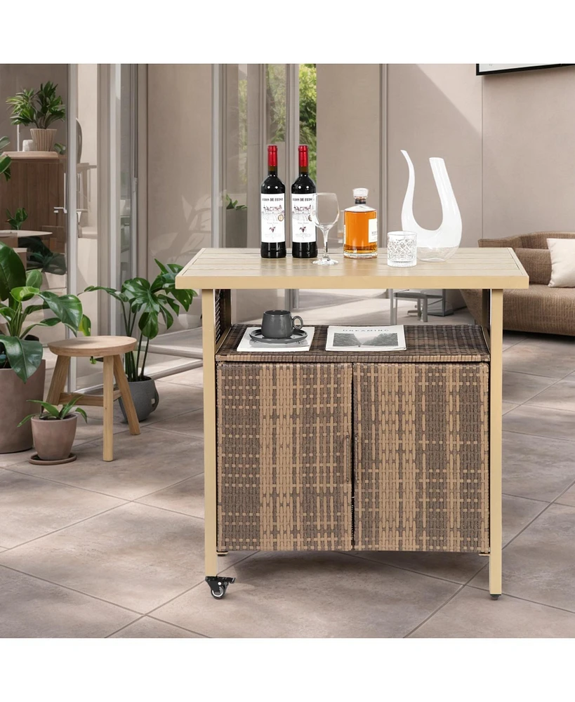 Outdoor Wicker Bar Cart with Glass Top