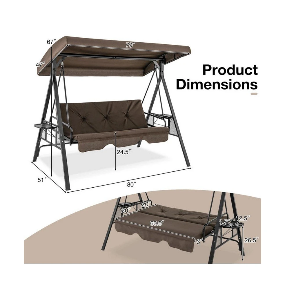 Convertible 3-Seat Patio Porch Swing Chair to Flat Bed with Adjustable Canopy