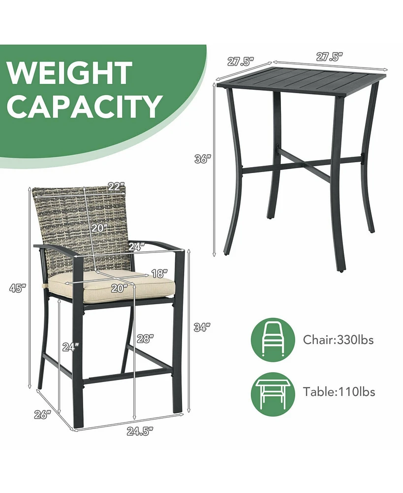 Gymax 3PCS Patio Metal Bar Set Outdoor Conversation Furniture Set w/ Cushions