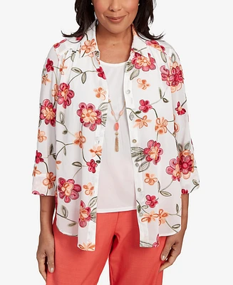 Alfred Dunner Women's Catalina Island Bright Floral Two in One Top with Necklace