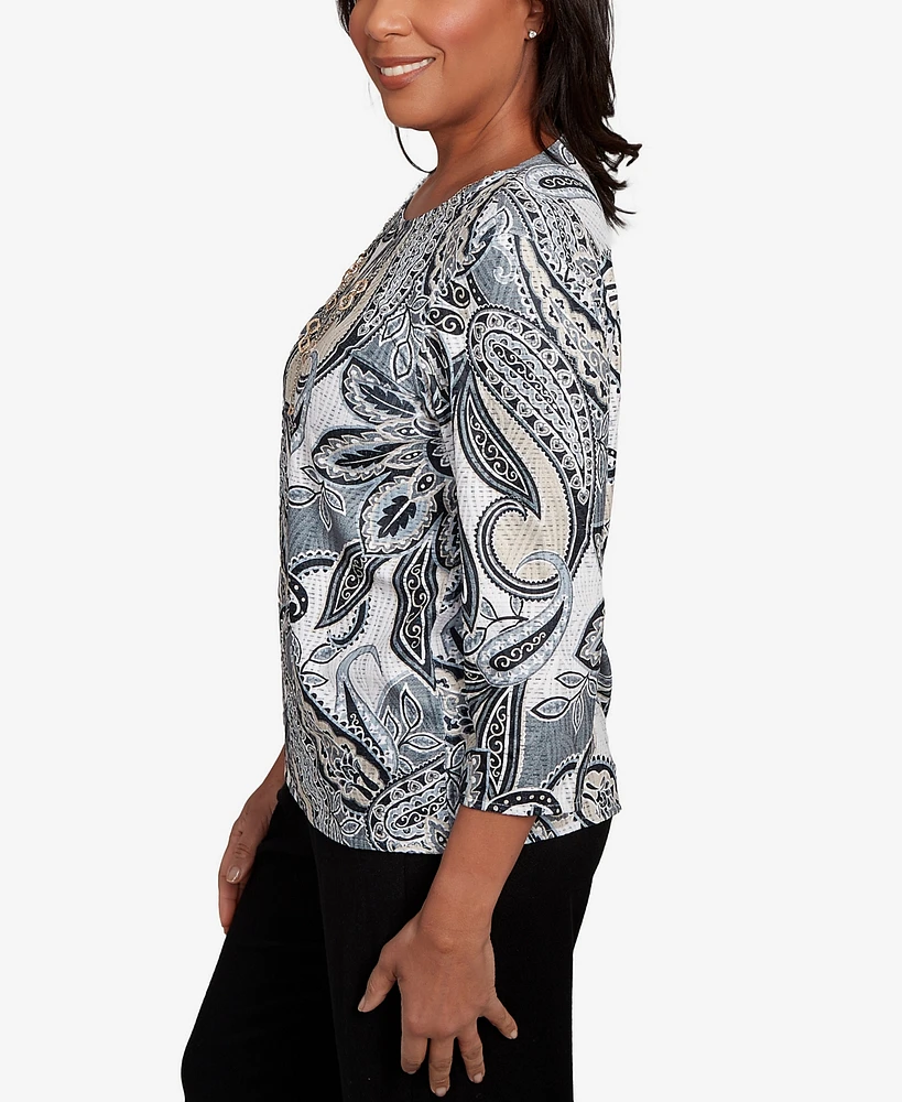 Alfred Dunner Women's Santa Barbara Reversible Paisley Crew Neck Top with Necklace